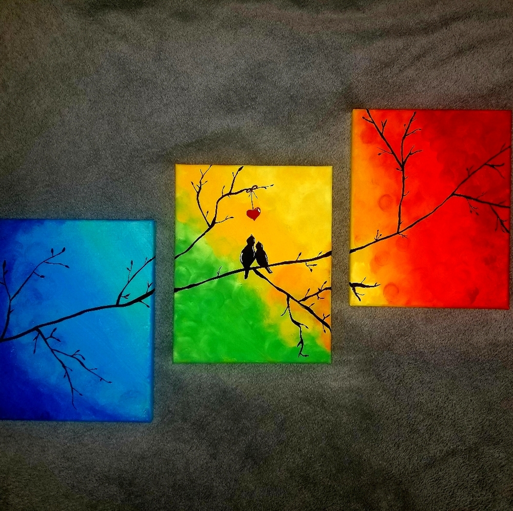 Colorful Love Birds Set of 3 Canvas Paintings